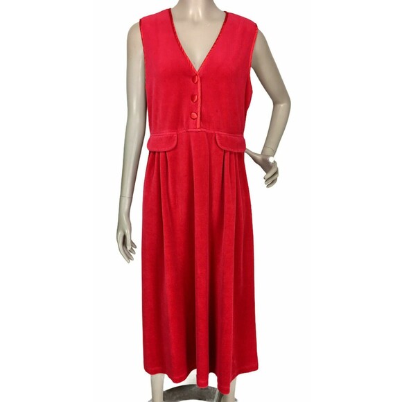 Vintage 1980's FADS Sleeveless Red Velvet Jumper Midi Dress Modest Size Small - Picture 1 of 8